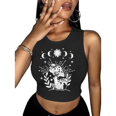 Imagem de Hilinker Camiseta regata feminina de verão, sem mangas, estampada, estampada, canelada, básica, cropped, Sol de cogumelo preto, P