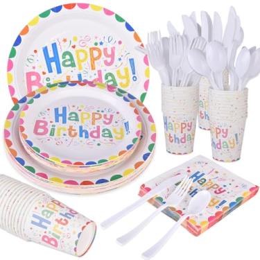 Imagem de Qwensto Pratos e guardanapos de aniversário, suprimentos de festa de aniversário, conjunto de louça descartável colorido, pratos de festa, copos de guardanapos, garfos de plástico, facas e colher para