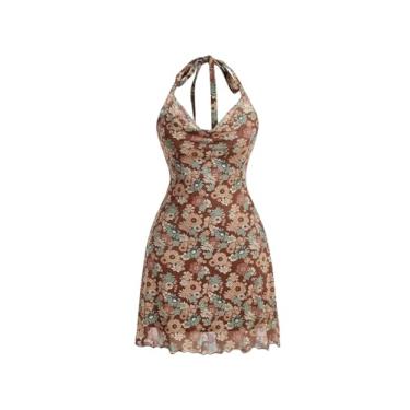 Imagem de MakeMeChic Vestido feminino drapeado frente única sem mangas estampa floral verão curto vestido rodado, Marrom, M