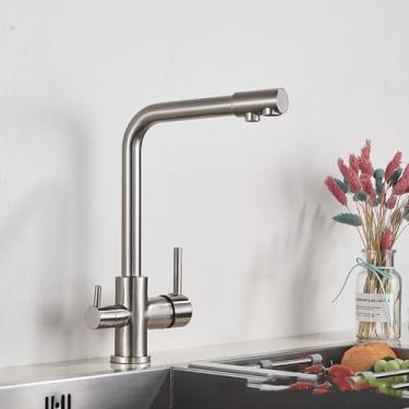Imagem de Torneira de água pura cromada, rotação 360, multifuncional, filtro de cozinha, purificação, alça dupla, torneiras misturadoras frias, níquel escovado