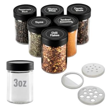 Imagem de AllSpice Potes de tempero de vidro de 85 g com tampas de plástico preto e 3 estilos de topos de coqueteleira - Pacote com 6