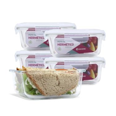 Imagem de KIT 5 Potes de Vidro Quadrado com Tampa Hermética 800ml Cor:Branco (QH)