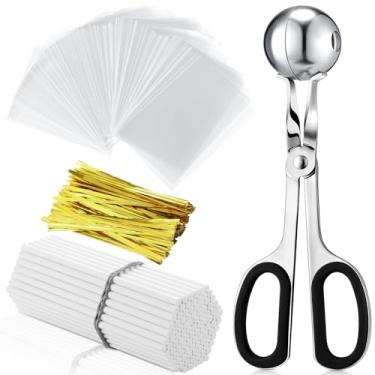 Imagem de Yinkin O conjunto de sacos de petisco pop para bolo Lollipop inclui 100 pacotes de 100 palitos de papelaria, laços metálicos torcidos de carne Baller de carne com alças para fazer bolos, ferramentas