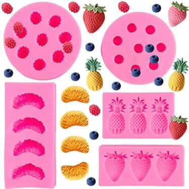 Imagem de Rainmae 5 peças de moldes de geleia em forma de fruta 3D mini abacaxi morango mirtilo laranja silicone fondant moldes de chocolate para biscoito de goma molde de pastelaria para topo de cupcake decoração pasta de goma de açúcar artesanato