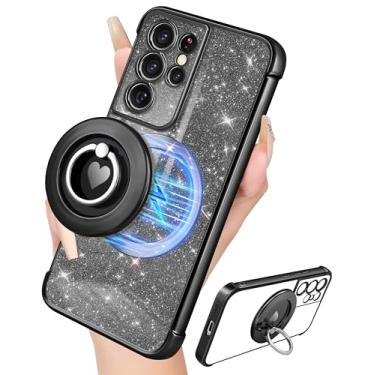 Imagem de LISEVO Capa para Samsung Galaxy S21 Ultra - Capa feminina fofa com glitter compatível com MagSafe Ring Stand Capa magnética para celular meninas brilhante luxo elegante design feminino para Samsung