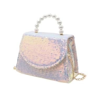 Imagem de BOLLEY JOSS Mini bolsa infantil de lantejoulas para meninas com alça de pérola, corrente dourada, bolsas transversais fofas para crianças pequenas, Prateado - azul, One Size