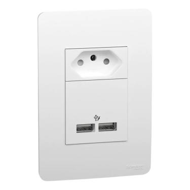 Imagem de Conjunto Placa Horizontal 2x4 C/ Tomada 2P+T 10A C/ 2 USBs 2.1A Branco Orion Cód. S71327304 – Schneider
