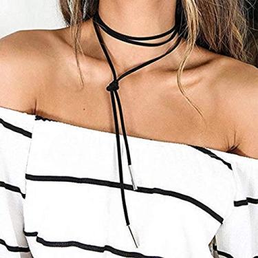 Imagem de (Silver) - Aimimier Bohemia Black Suede Choker Necklace with Bar Pendant Extra Long Necklace Leather Wrap Cord Bowknot Jewellery for Girls (Silver)