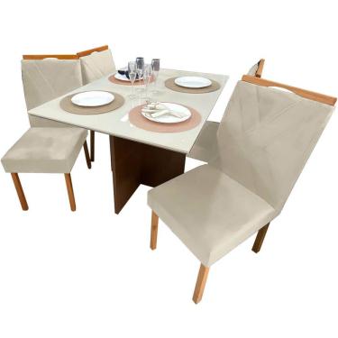 Imagem de Mesa de Jantar Helo 120x90cm em Linho com 4 Cadeiras California Poliman Cor Off White com Assento Bege