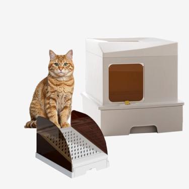 Imagem de Caixa de areia para gatos de aço inoxidável fechada com tampa Caixa de areia extragrande para gatos grandes XL Bandeja de areia de metal com gabinete lateral de parede alta, antiaderente,