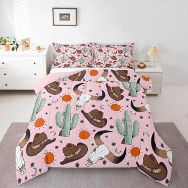 Imagem de Feelyou Conjunto de edredom para crianças, meninos, meninas, rosa, com chapéu de caubói tamanho casal, decoração de quarto, caveira de vaca, conjunto de edredom vintage, 3 peças