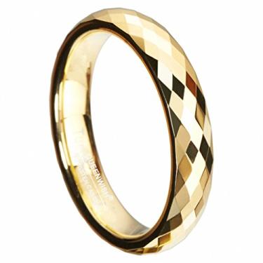 Imagem de QUEENWISH Anel masculino feminino de carboneto de tungstênio – banhado a ouro, aliança de casamento de ajuste confortável facetada, 4 mm de largura, tamanho 4-10, 4, Carboneto de tungstênio, Sem pedra