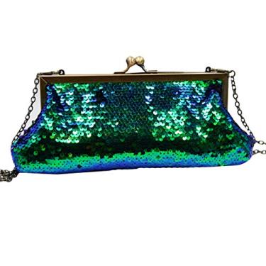 Imagem de Bolsa feminina mini sereia com glitter lantejoulas para noite clutch alça de corrente bolsa transversal para beijos, Azul + verde, One Size