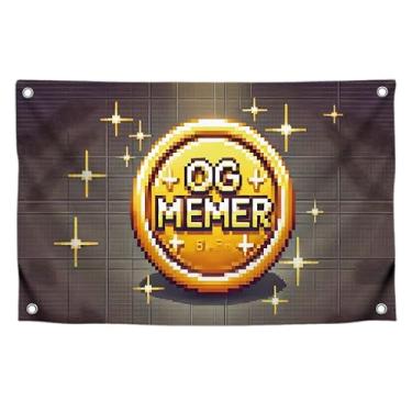 Imagem de Bandeira interessante de 9,5 x 1,8 m com 4 argolas de latão - Bandeira em estilo retrô Pixel Moeda de ouro "Og Memer" - Banner com referência a jogos clássicos de fliperama dos anos 80 - Banner