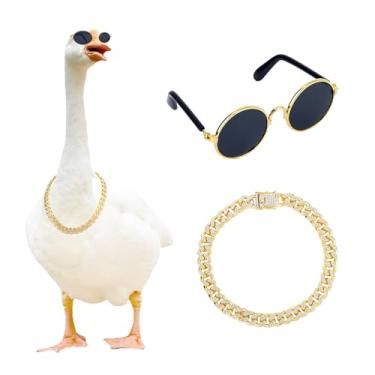 Imagem de BOXOB Chain Collar and Sunglasses Porch Goose Outfits for 23"/ 17'' Lawn Goose Statue Sunglasses Rhinestone Collar for Garden Patio Yard Retro Pet Cosplay Party (Golden Gray, Gold)