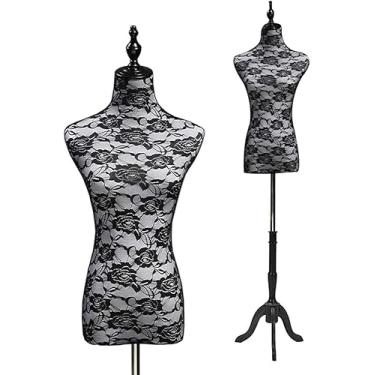 Imagem de CUTPOIY Suporte de manequim de tronco, manequins femininos em forma de vestido feminino para exibição de roupas, corpo de manequim com suporte de base de tripé de madeira, preto, fácil