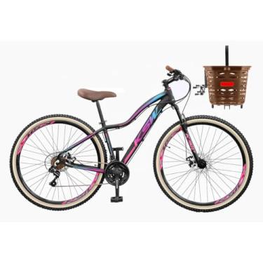 Imagem de Bicicleta Aro 29 Feminina KSW Quadro Ergonômico Estilo Retrô 21 Marchas com Freio a Disco e Cesta Marrom Vintage,15,Preto Rosa Azul