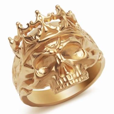 Imagem de KIRTIJW Anéis masculinos de caveira dourada de aço inoxidável, gótico, punk gótico, motociclista, coroa, caveira, joia para homens, tamanho 13, Sem pedra preciosa