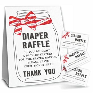 Imagem de YKYENR Baby-Q Festa de chá de bebê com nó de laço, kit de jogo de rifa de fraldas, 1 placa de pé para rifa de fraldas e 50 ingressos, decorações de chá de bebê, lembrancinhas e suprimentos de festa-NBLK-A09