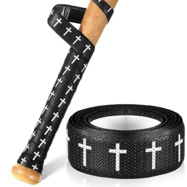 Imagem de Pushglossy Fitas de aderência para taco de beisebol Faith Cross 1,5 mm pré-cortadas e totalmente adesivas, fita de softball, antiderrapante para substituição de fita de críquete religiosa (preta, cruz