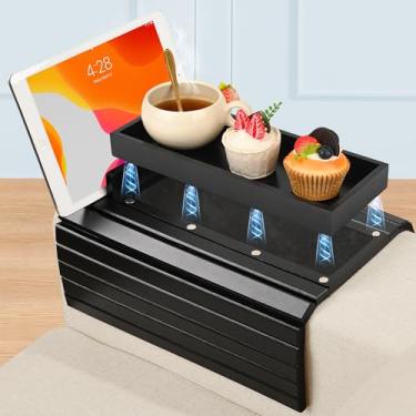 Imagem de Joy&Grace Bandeja de braço de sofá, mesa magnética removível 3 em 1 com suporte para telefone e tablet, suporte de copo de bambu para sofá, bandeja dobrável para comer, bebidas, telefones (preto)