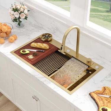 Imagem de Sarlai Pia de cozinha em cascata de 83 cm - 83 x 48 cm com cascata dourada em aço inoxidável, calibre 16, pia multifuncional, tigela única, montagem superior inteligente, pias de cozinha com