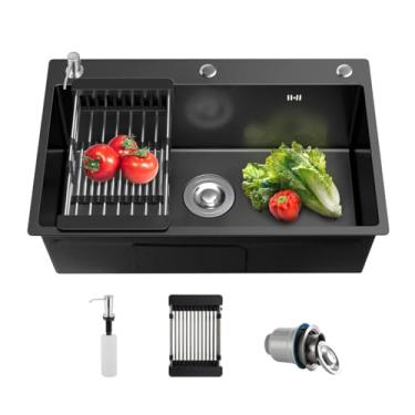 Imagem de ARTLINE Pia de cozinha preta calibre 16, pia de cozinha de aço inoxidável de 3 furos, pia de estação de trabalho de tigela única suspensa/montagem superior, pia de estação de trabalho de fazenda com