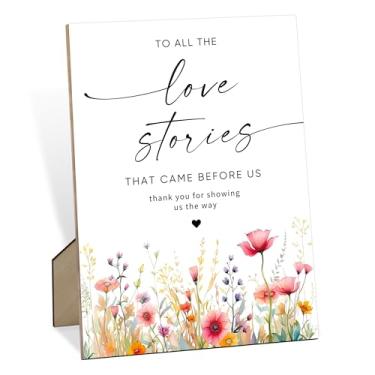 Imagem de To All The Love Stories That Came Before Us Placa de madeira com suporte de 20 x 28 cm, placas de casamento para recepção, decorações florais de festa para chá de panela, noivado, decoração de mesa de