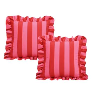 Imagem de Capas de almofada quadradas listradas, 45,7 x 45,7 cm, conjunto de 2 fronhas de travesseiro de lã holandesa com babados para cama, capas de sofá de algodão e poliéster com destaque, fronhas listradas