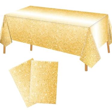 Imagem de Lemicin Pacote com 2 toalhas de mesa douradas descartáveis de plástico, 137 x 272 cm, capa de mesa dourada para decoração de jogos de festa de aniversário, piqueniques ao ar livre, mesas retangulares