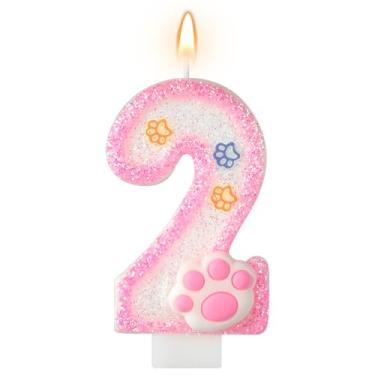 Imagem de AKURIEEY Vela de aniversário de 2 anos para cães e gatos, números rosa, 2 velas, enfeite de bolo de pata, decorações de cupcake para decoração de festa com tema de animais de estimação, artigos de