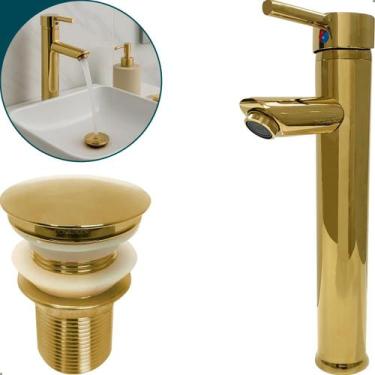 Imagem de Torneira Dourada Bica Alta Para Pia Banheiro E Valvula Click 1¼ Inox K