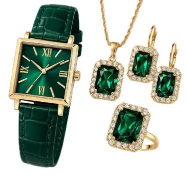 Imagem de Kit Elegante com Relógio Quadrado Verde, Colar, Brincos e Anel, Pulseira em Couro, 24 cm (Verde)