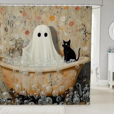 Imagem de Manfei Cortinas de chuveiro rústica fantasma para banheiras 182,88 cm L x 198,1 cm C Halloween Country Funny Cat Cortina de banho para crianças, meninos, cortina de banheiro vintage floral bolha à