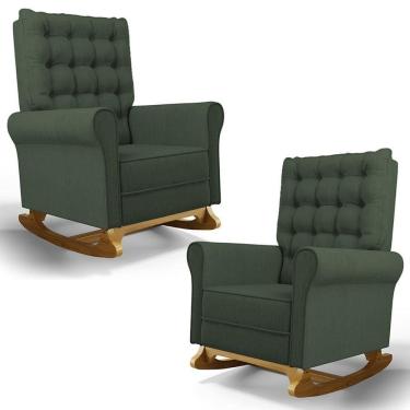 Imagem de Kit 02 Poltronas De Amamentação E Descanso Base Madeira Balanço Brenda G05 Linho Verde - Mpozenato