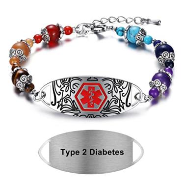 Imagem de MAXZOOL Pulseiras de alerta médico para mulheres e homens | Pulseiras de identificação médica para homens | Pulseira médica T1D T2D para diabetes e epilepsia com contas coloridas | Etiqueta de