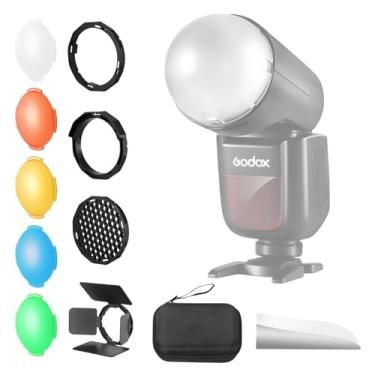 Imagem de Difusor de flash para flash Godox V1/V100/AD100/AD200 de cabeça redonda, kit de acessórios de flash magnético inclui difusor de cúpula, painel difusor, celeiro, grade de favo de mel, gel colorido
