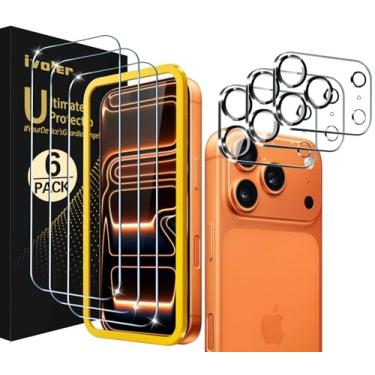 Imagem de ivoler Pacote com 3 + 3 protetores de tela de vidro temperado para iPhone 17 Pro de 6,3 polegadas com protetor de lente de câmera com [moldura de alinhamento], capa antiarranhões para iPhone 17 Pro