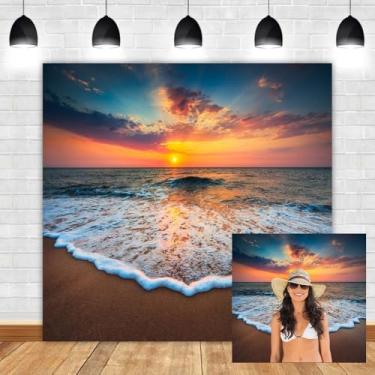 Imagem de Leyiyi Fundo fotográfico de 2,4 x 2,4 m à beira-mar, pôr do sol, cerimônia de casamento, festa havaiana, luau, hula, onda, oceano, espuma, praia, areia, lua de mel, viagem, verão, banquete, foto, bebê