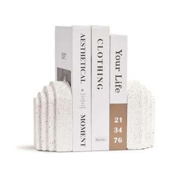 Imagem de Feestars Conjunto de 2 terminais de livros resistentes para prateleiras, suportes de livros decorativos Morden para livros pesados, rolhas de livros de decoração de resina estética, extremidade branca