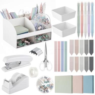 Imagem de Kosiz Morandi — Organizador de mesa estético, acessórios de mesa, rosa, porta-canetas, grampeador, notas adesivas, clipes de papel, grampos de tesoura, acessórios estéticos para mulheres, homens