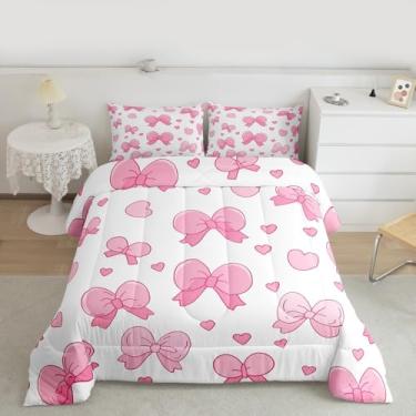 Imagem de jejeloiu Conjunto de edredom com laço rosa, solteiro, desenho animado, para crianças, meninos, meninas, fofo, coração, edredom branco, rosa, microfibra, 2 peças com 1 fronha