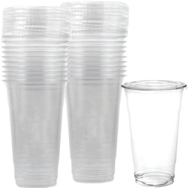 Imagem de HomeyGear [680.4 g - 24 pacotes] Copos grandes de plástico transparente para bebidas frias com tampas planas ranhuradas para café gelado chá Smoothie Slush Bubble Boba livre de BPA