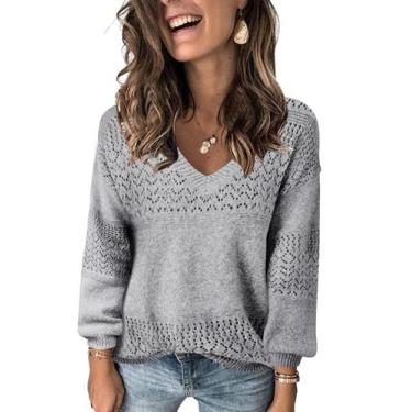 Imagem de Suéter feminino FEKOAFE com decote em V tricotado em acrílico cinza cl