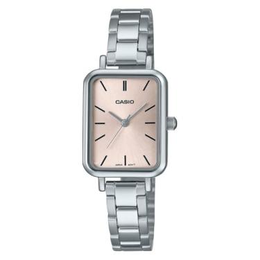 Imagem de Casio LTP-V009D-4E Relógio feminino retangular pequeno de aço inoxidável com mostrador rosa