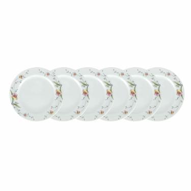 Imagem de Estojo com 6 Pratos Sobremesa. Modelo Redondo Voyage. Decoração Carmem. Porcelana Real by Porcelana Schmidt.