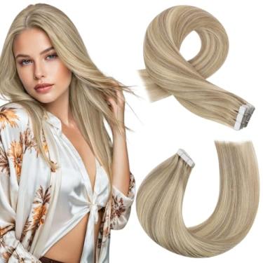 Imagem de Moresoo Extensões de cabelo humano com fita adesiva, extensões de realce loiro, 50 cm, extensões de cabelo Remy, fita em 20 peças, extensões de cabelo sem costura, extensões de cabelo 50 gramas