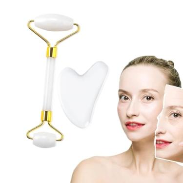 Imagem de Ferramentas faciais de rolo Gua Sha e Jade, rolo facial e ferramenta Guasha para rosto, rolo de cuidados com a pele para não amassar e levantar (branco)