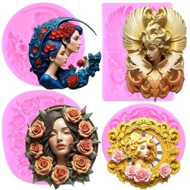 Imagem de MIYAHOUSE Retrato de cabeça barroca moldes de silicone para decoração de bolos, enfeite de cupcake, pasta de goma de chocolate, argila de polímero, conjunto de 4