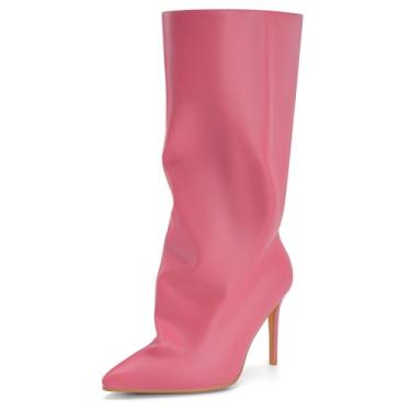 Imagem de Perisis Botas femininas despojadas cano médio pretas longas de puxar salto agulha bico fino botas de tubarão para mulheres sexy moda, Rosa pu, 43